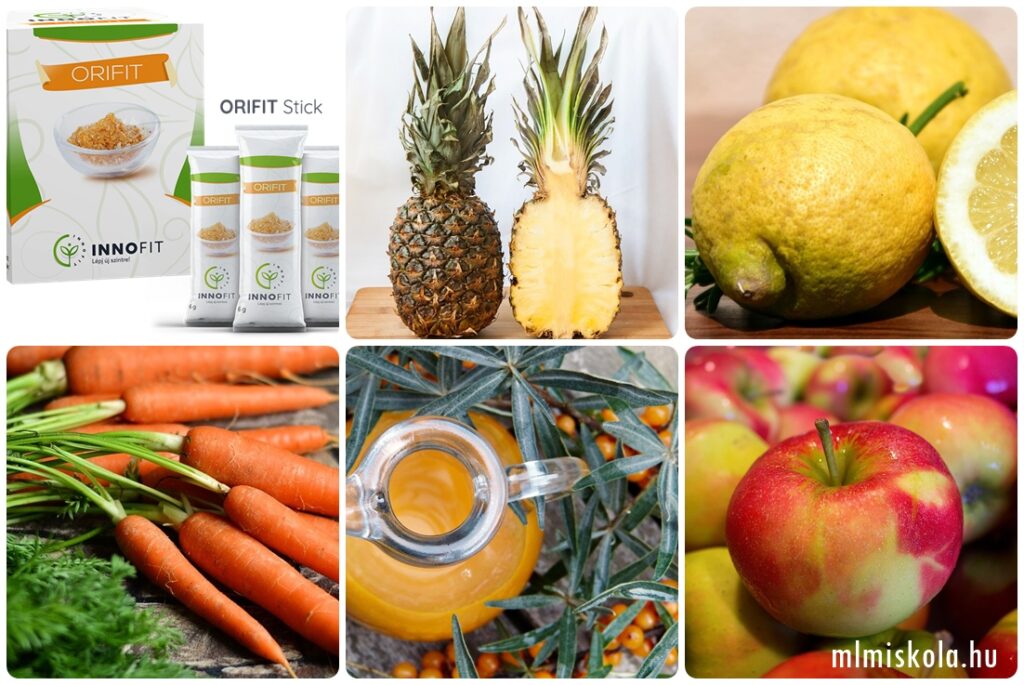 Innofit Orifit zöldség, gyümölcs összetevői: ananász, alma, sárgarépa, homoktövis, alma